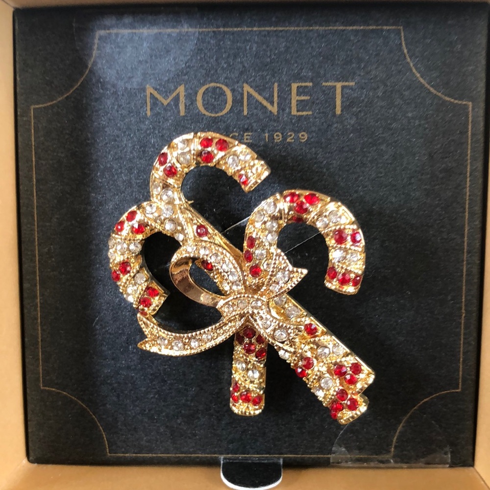 MONET TRIPLE CANDY CANE RHINESTONE STUDDED BROOCH NEW IN BOX